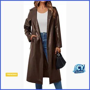 Long Faux Leather Trench Coat with Belt, Open Front, Knee Length